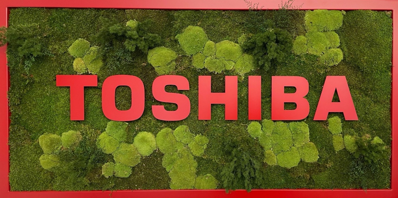 Toshiba logo na zeleni steni – vodilni proizvajalec klim in toplotnih črpalk